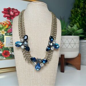 Chicos Elegant Statement Necklace Blue Rhinestones Gold Chain Chic Glam 18” + 4”